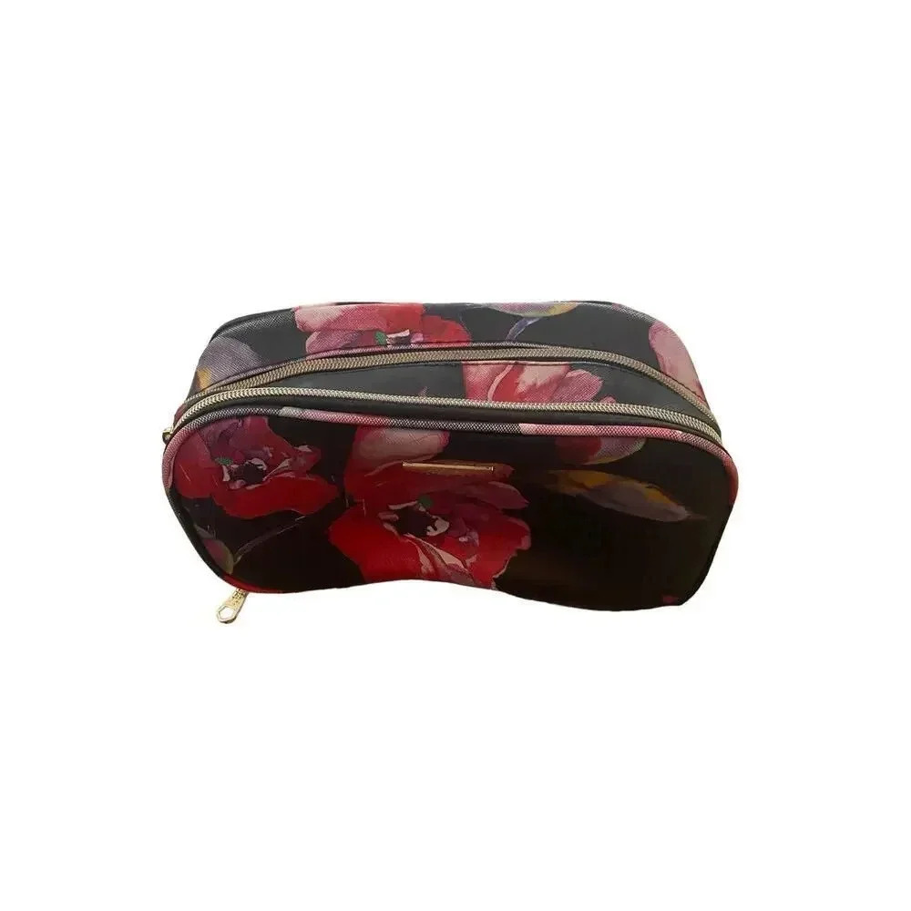 Trina Turk Black Floral Print Zipper Toiletry Pouch Cosmetic Bag